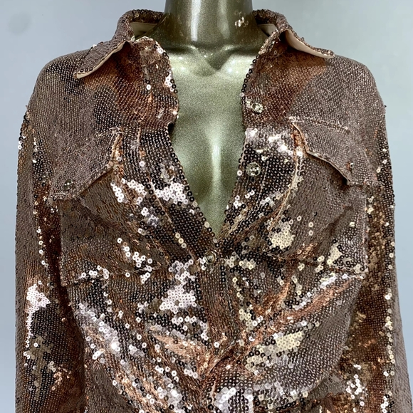 Sexy Turn-down Collar Long Sleeve Gold Mesh Sequins Midi Skirt Set - Picture 5 of 10